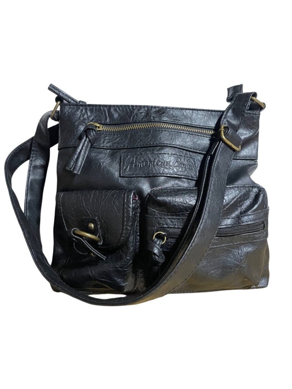 American Eagle Black Faux Leather Crossbody Bag With Multiple Pockets Adjustable